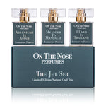 Front view of The Jet Set perfume bottles and box