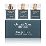 Front view of The Jet Set perfume bottles and box