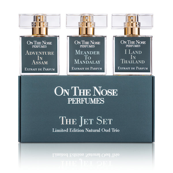 Front view of The Jet Set perfume bottles and box